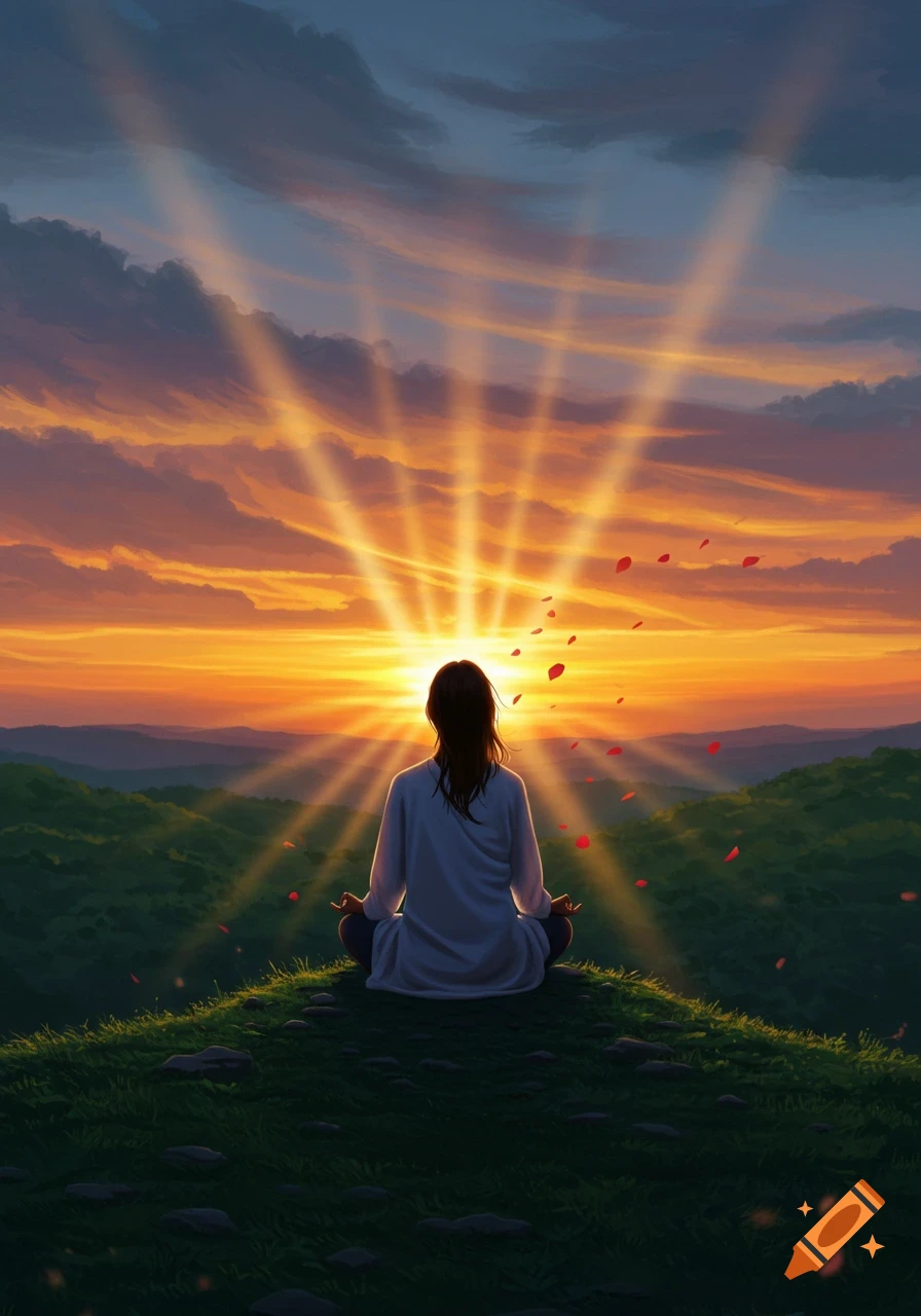 A person meditates on a grassy hilltop, facing a vibrant sunset with light rays and rose petals floating in the air, in a digital art style.