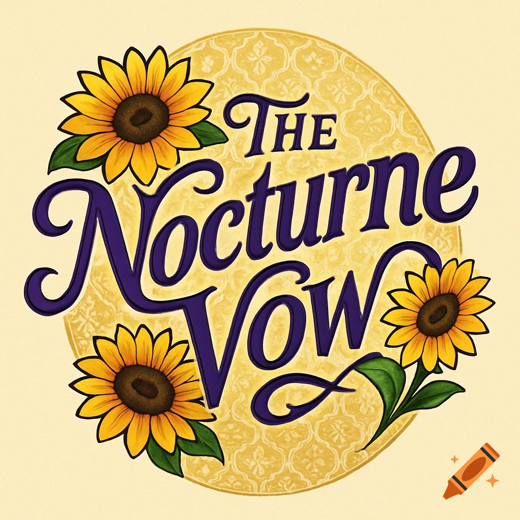 A vector logo with purple text 'THE Nocturne Vow' flanked by yellow sunflowers on a gold patterned circle background.