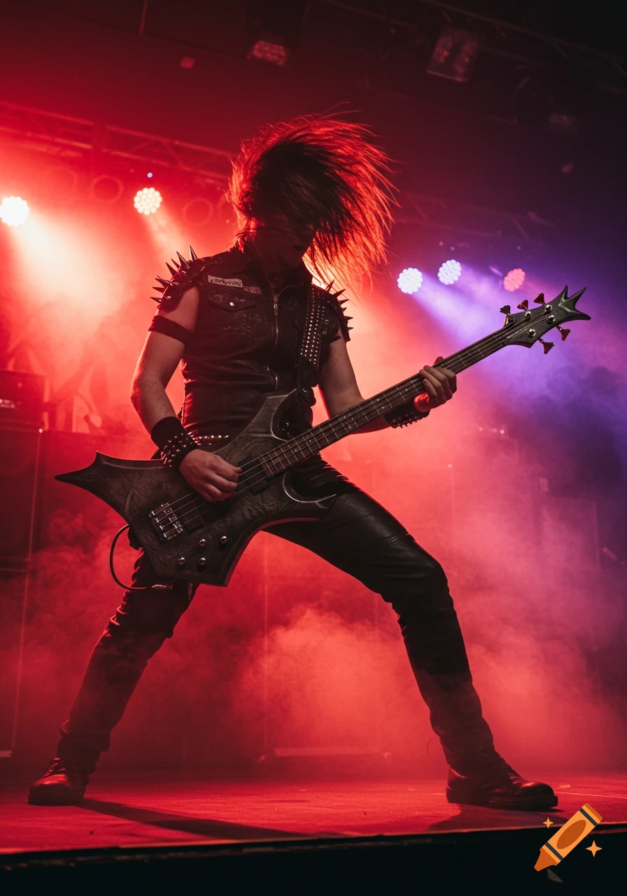 A metal bassist on stage, hair flying, playing a pointy bass guitar under dramatic red and purple stage lights.
