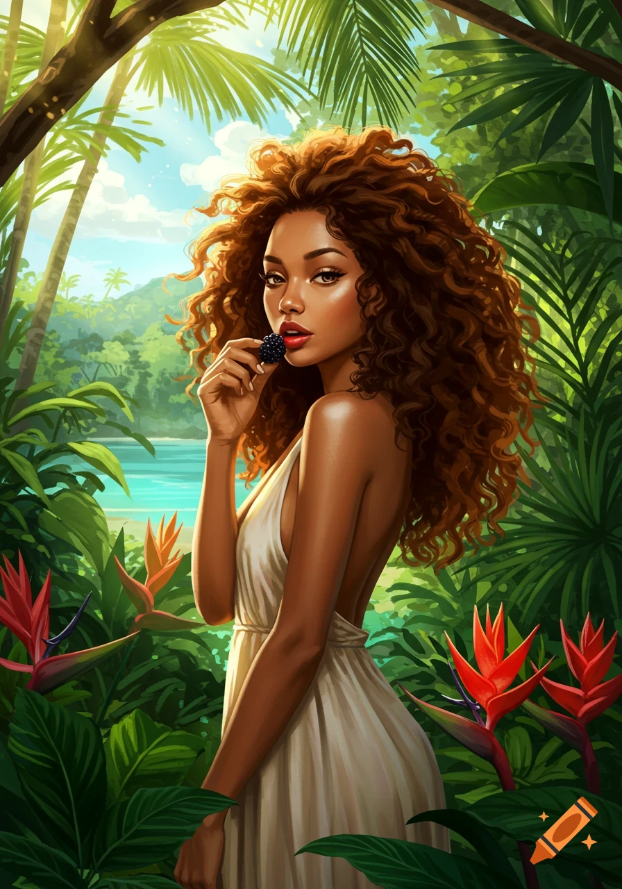 An artistic illustration of a woman with curly brown hair in a white dress, holding a berry to her lips in a tropical jungle setting.