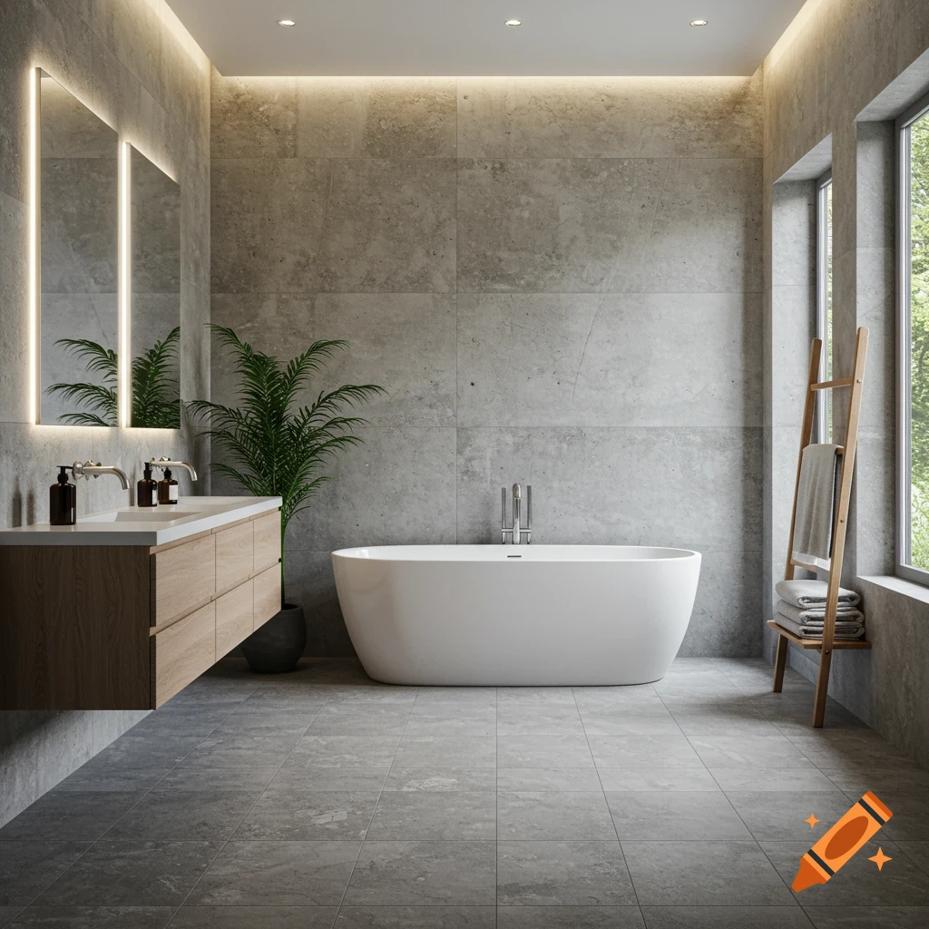 Modern bathroom with concrete walls, white freestanding tub, wooden vanity, and large plant, bathed in soft lighting.