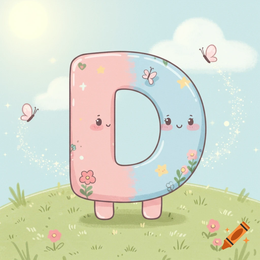 A cute, pastel pink and blue letter D with faces, flowers, and butterflies, standing on green grass under a sunny sky.