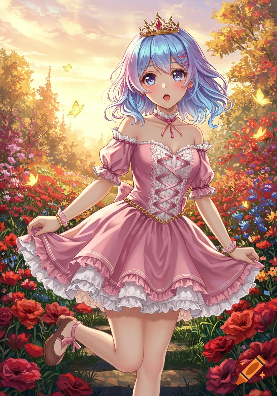 Anime girl in a pink princess dress and crown, standing in a vibrant flower garden with butterflies.