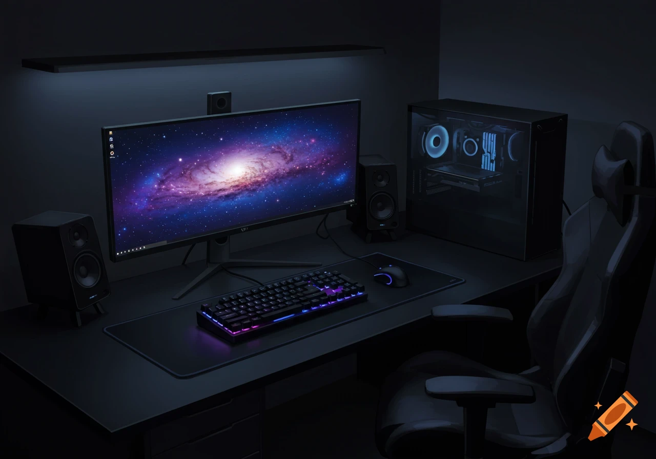 A dimly lit gaming setup with a monitor displaying a galaxy, an RGB keyboard, mouse, and a PC with blue lights.