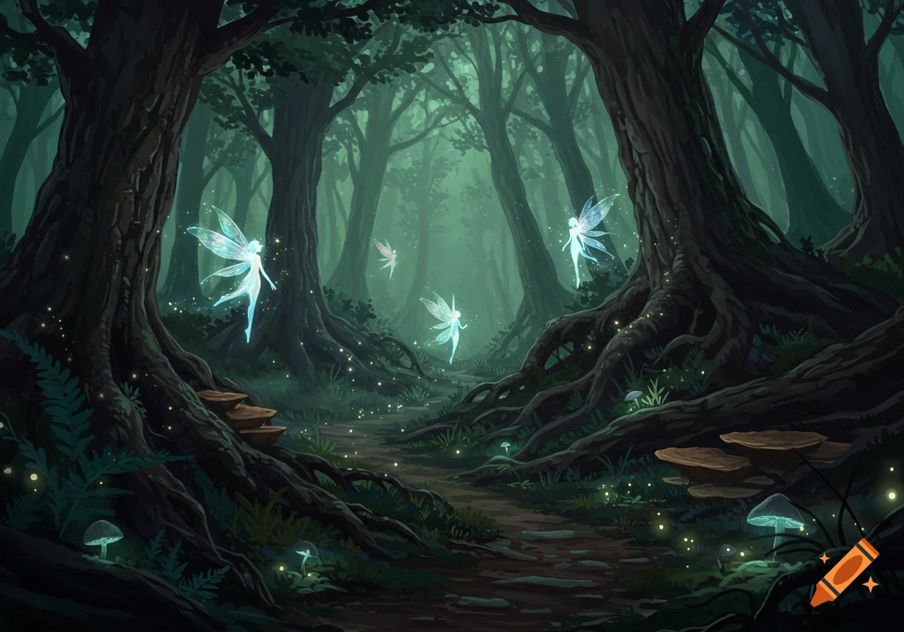 Magical forest at twilight with glowing blue fairies, ancient trees, bioluminescent mushrooms, and fireflies.