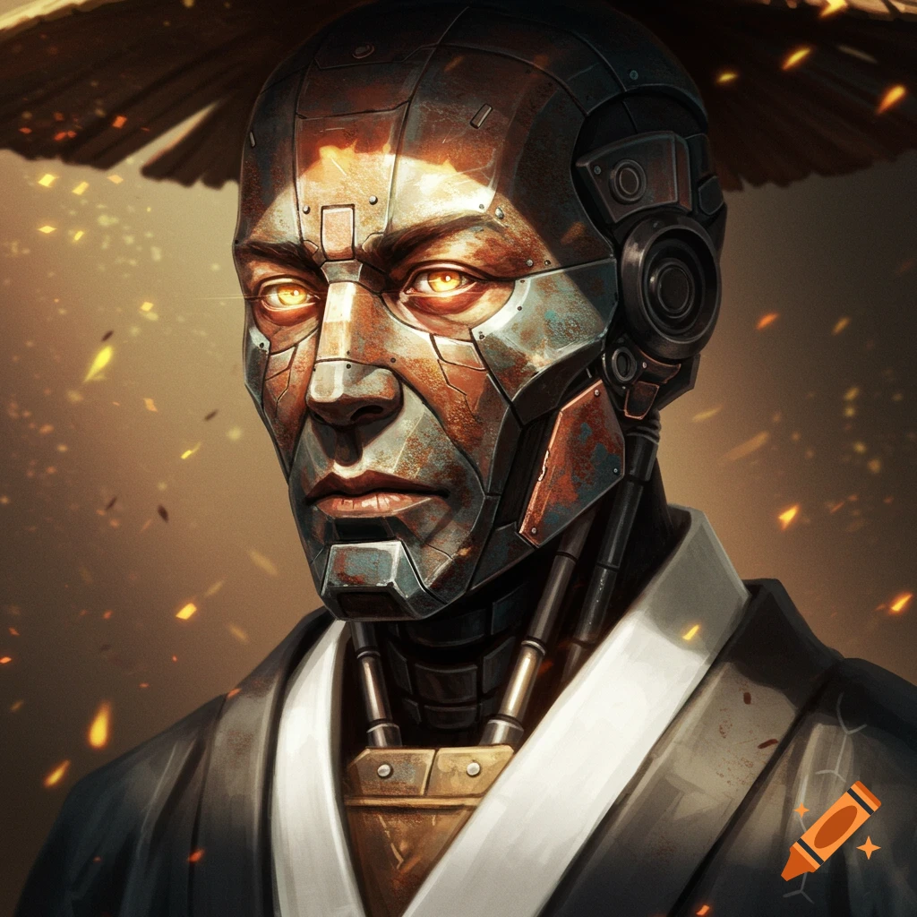 Close-up of an old robotic samurai with rusted plating, glowing yellow eyes, wearing a kimono, digital art.