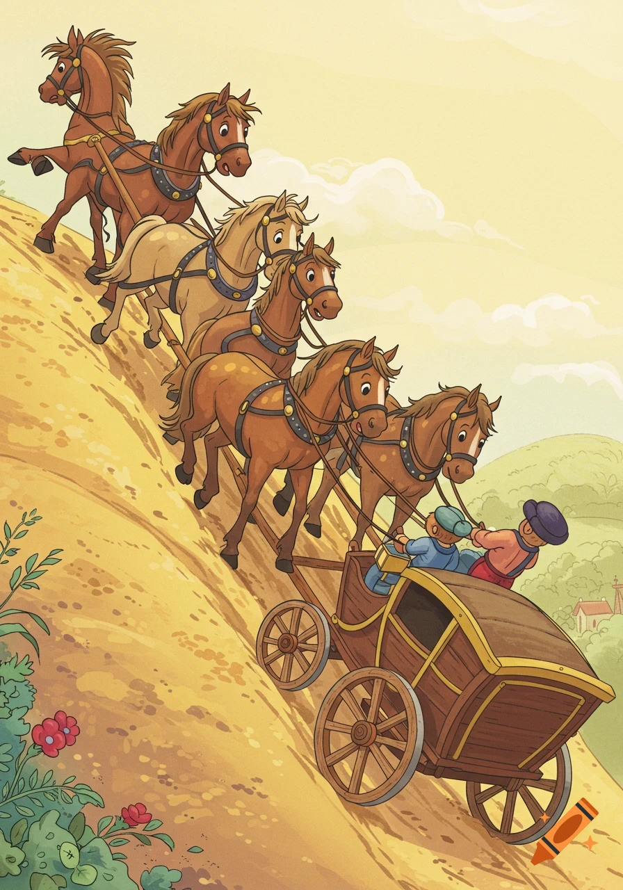 A charming children's illustration of six horses pulling a carriage uphill on a sandy road under a warm sun, in a soft, whimsical style.