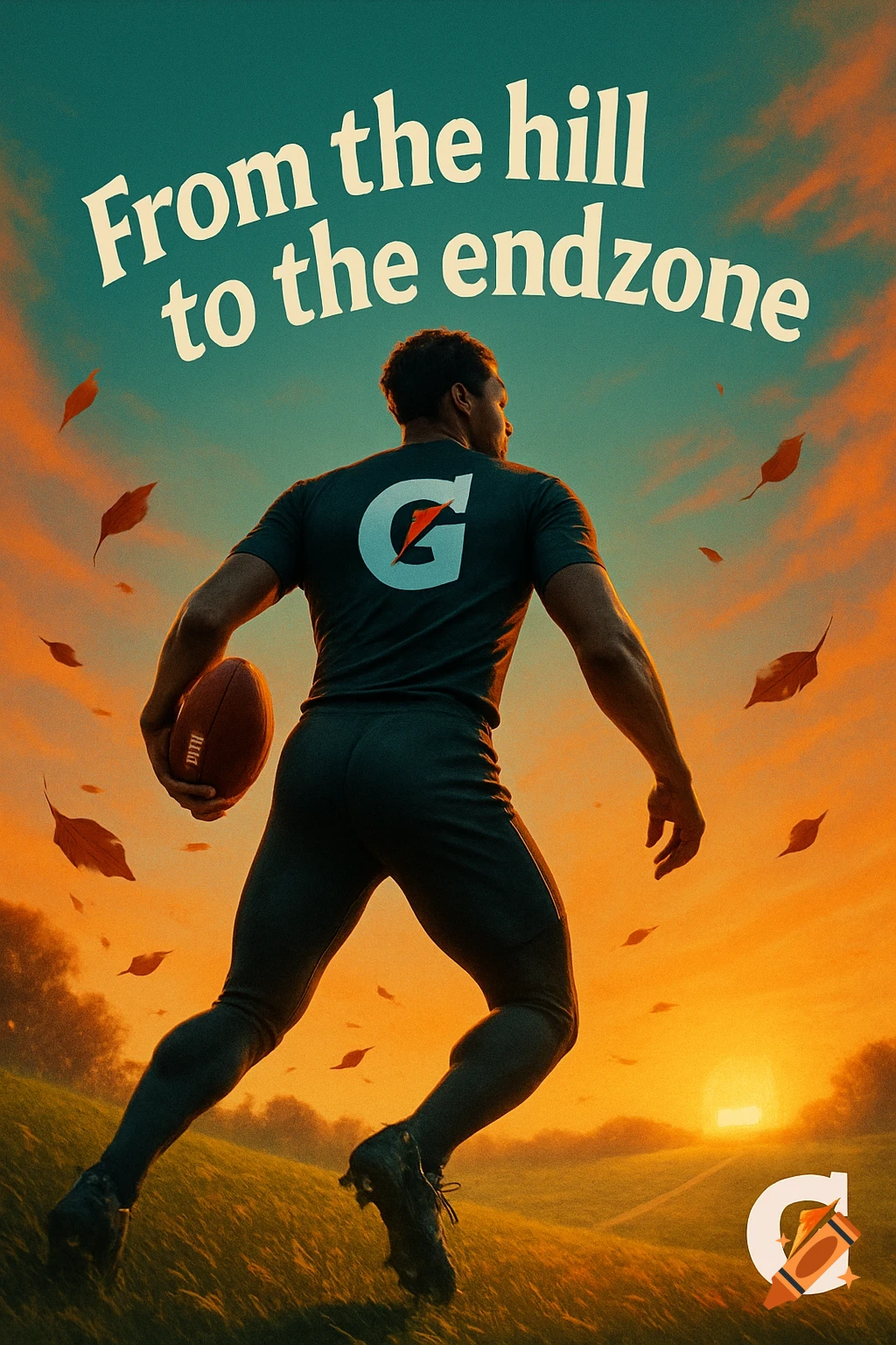 A football player runs up a grassy hill at sunset with a football, wearing a shirt with a Gatorade logo. Text reads 'From the hill to the endzone'.