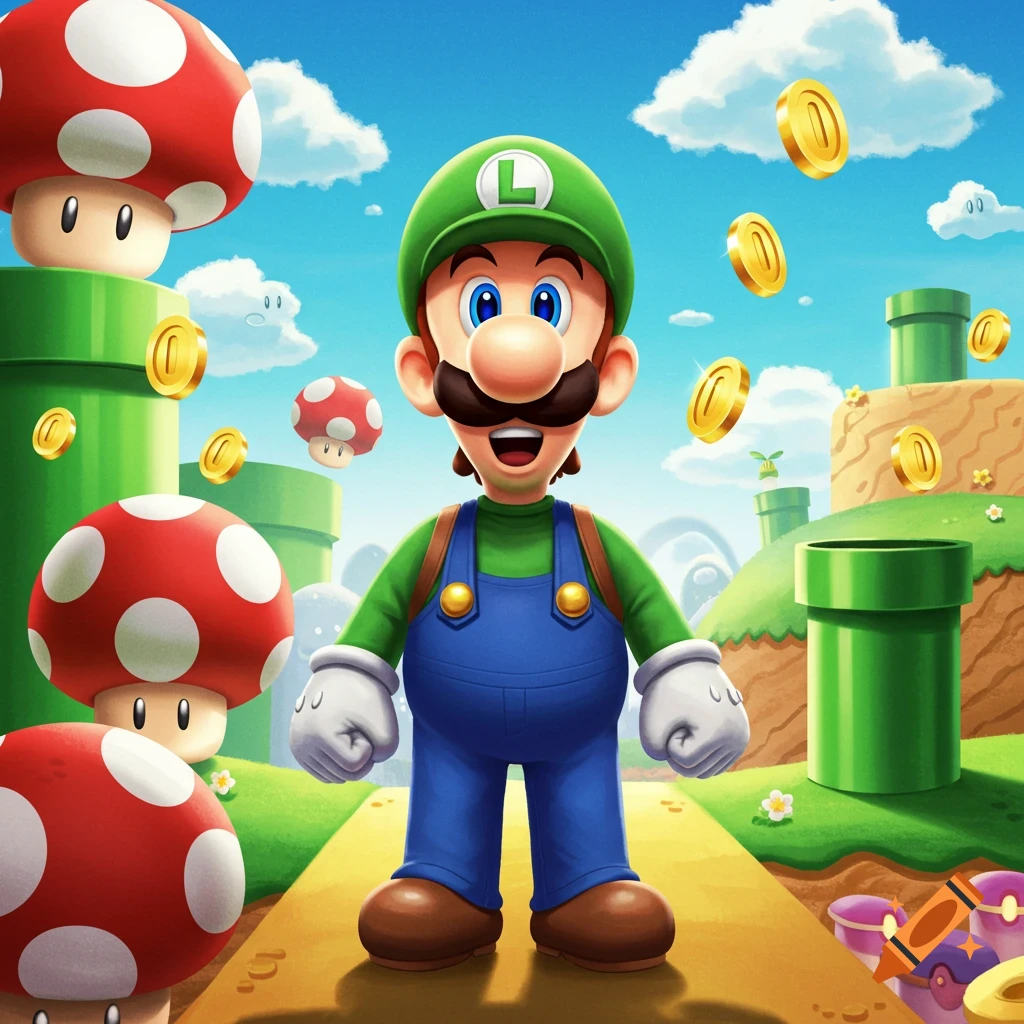 Luigi smiles in a vibrant Super Mario landscape with green pipes, coins, and red mushrooms under a blue sky.