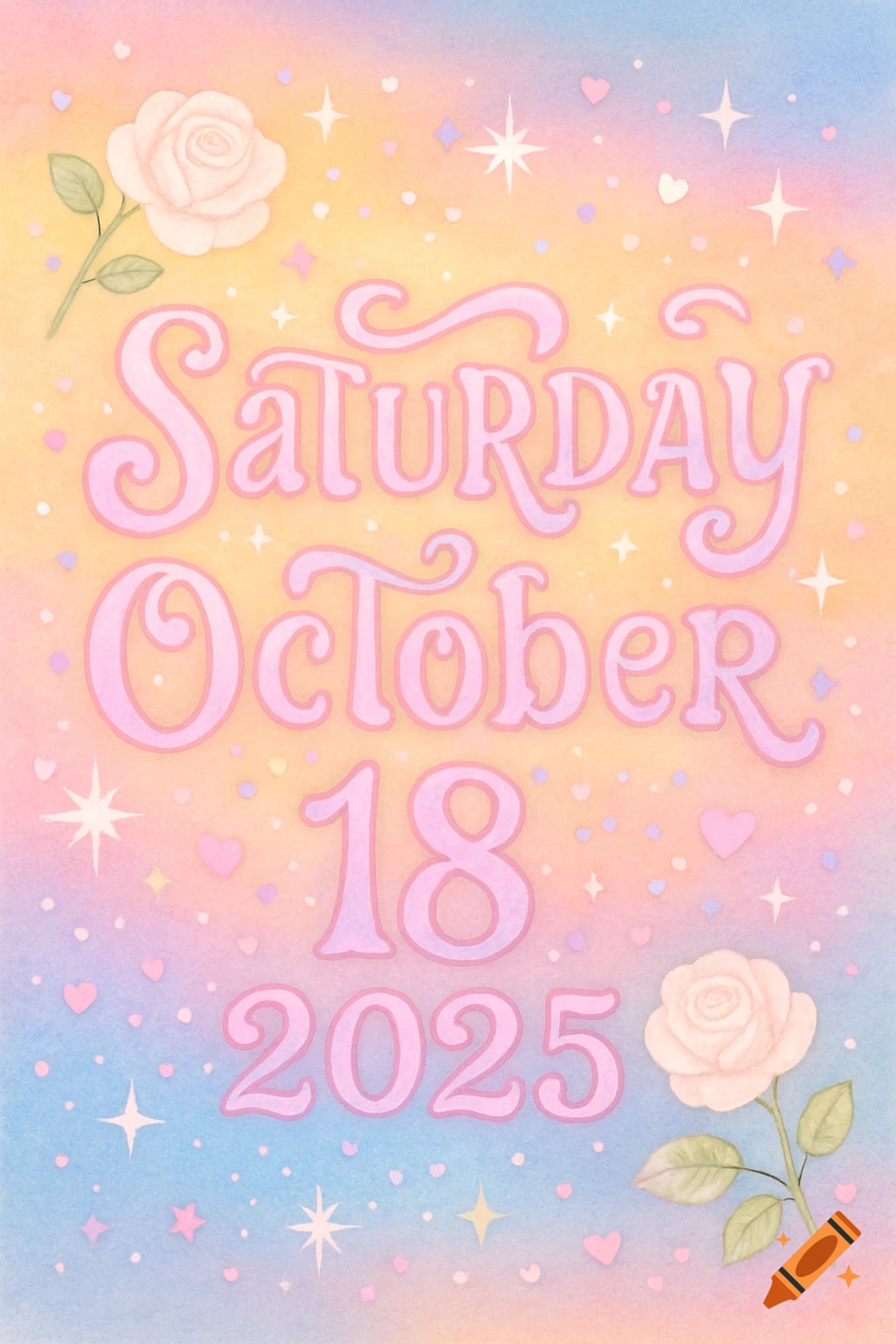 Watercolor illustration of 'Saturday October 18, 2025' in pink font on a pastel rainbow background with roses and sparkles.
