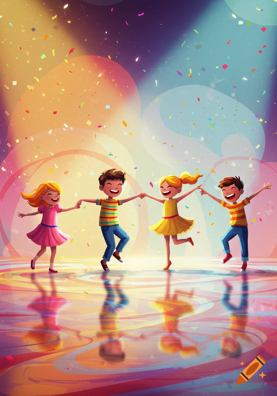 Four happy cartoon children dance joyfully on a colorful, reflective floor with confetti falling around them, in a vibrant illustration.