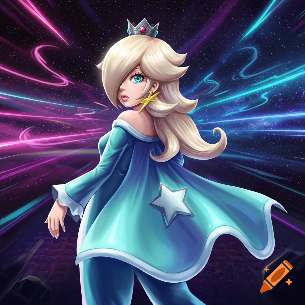 Digital art of Rosalina from Mario Kart in a blue dress and crown, looking over her shoulder against a cosmic background.