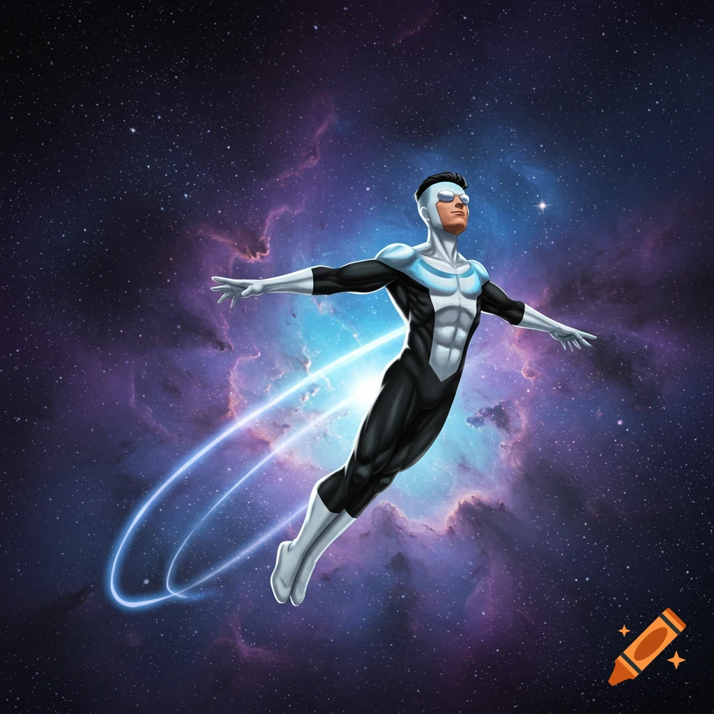 A superhero in a black and white suit with blue accents flies through a starry nebula in space.