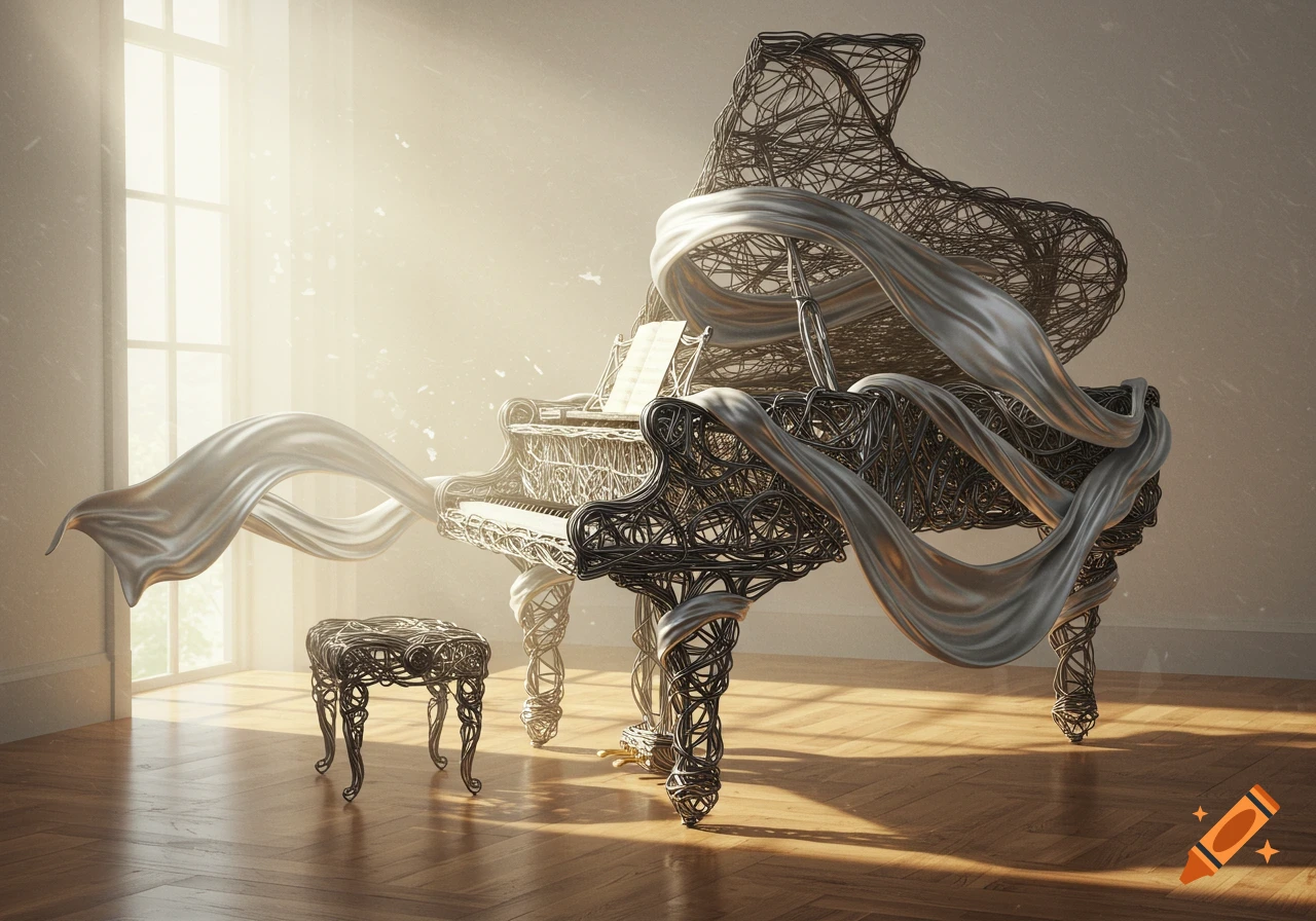 A surreal, photorealistic image of a piano and stool made from intricate dark wire and flowing silver fabric, in a sunlit room.