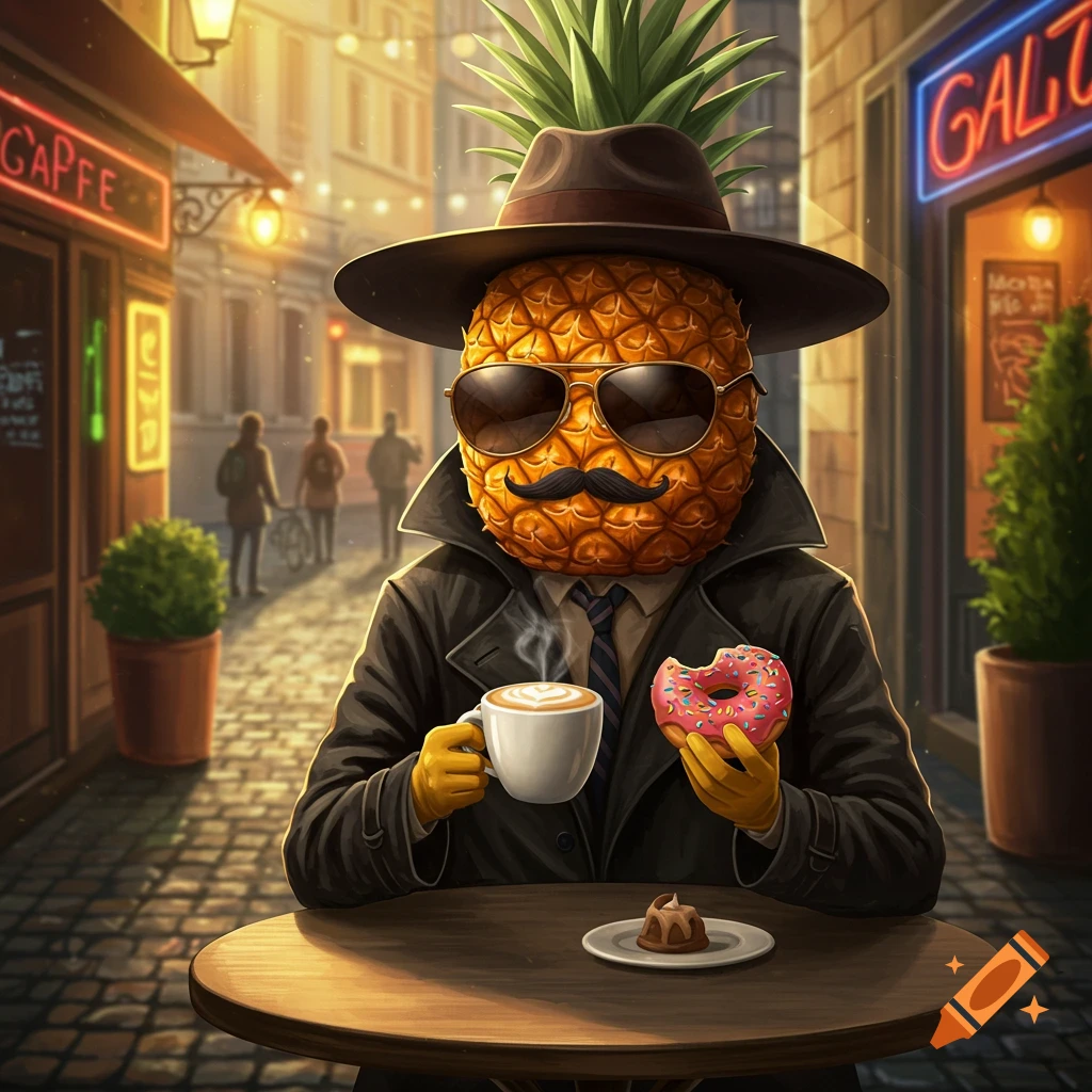 A whimsical anthropomorphic pineapple in a trench coat, hat, and sunglasses sips coffee and eats a donut at an outdoor cafe.