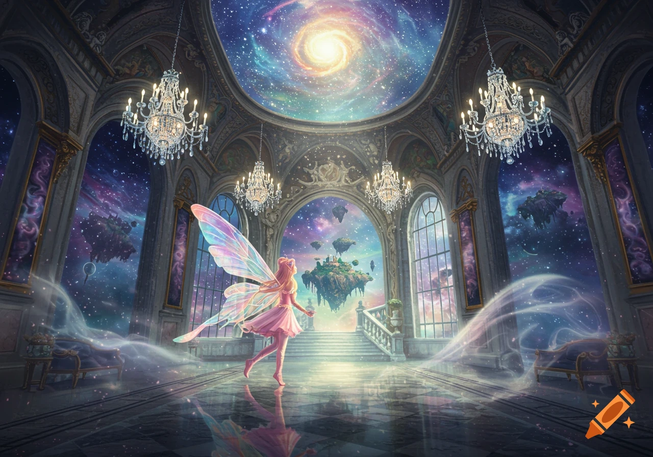 A vibrant fairy with iridescent wings stands in a grand, surreal palace with a galaxy ceiling and windows opening to outer space.
