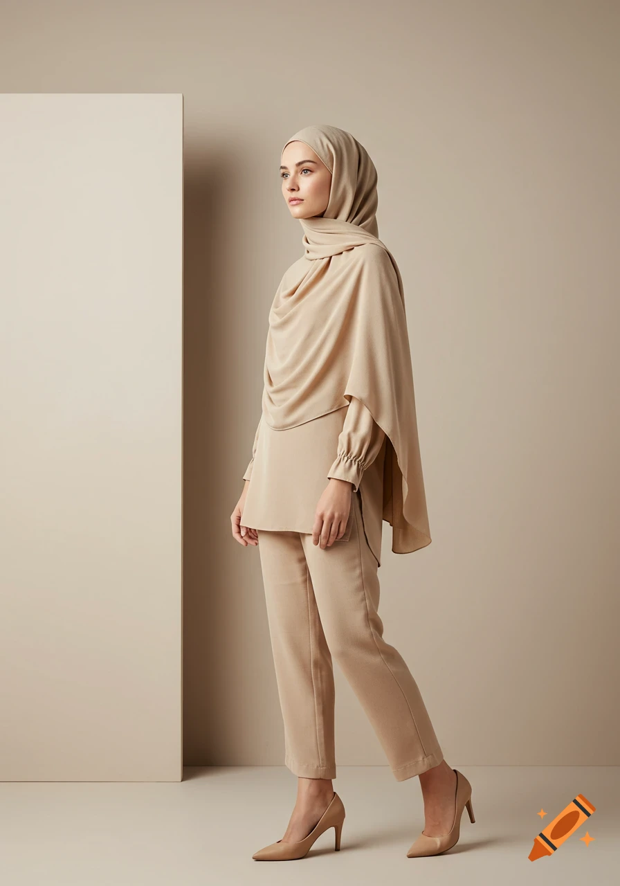 A woman models a beige hijab, long tunic top, and matching pants with nude high heels against a simple beige background.