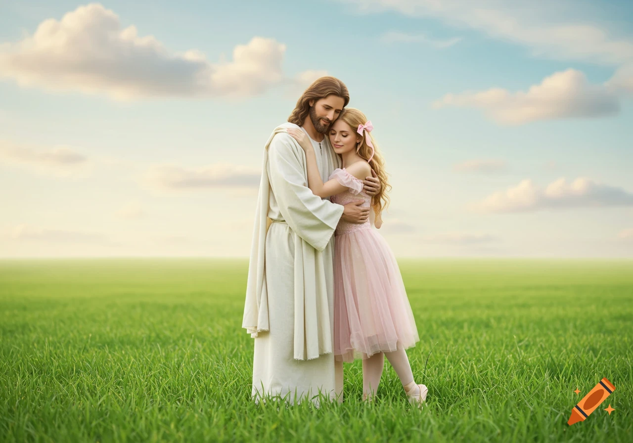 Jesus embracing a woman in a pink dress in a serene green field under a blue sky.