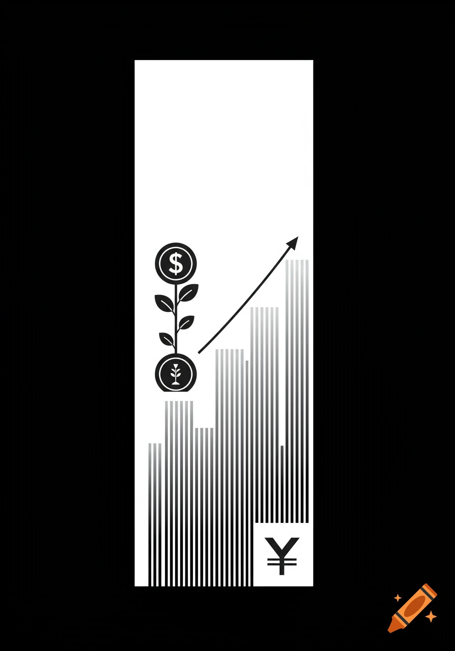 A minimalist black and white illustration for an investing book, showing a dollar sign growing from a plant next to a bar graph with an upward trend and a yen symbol.