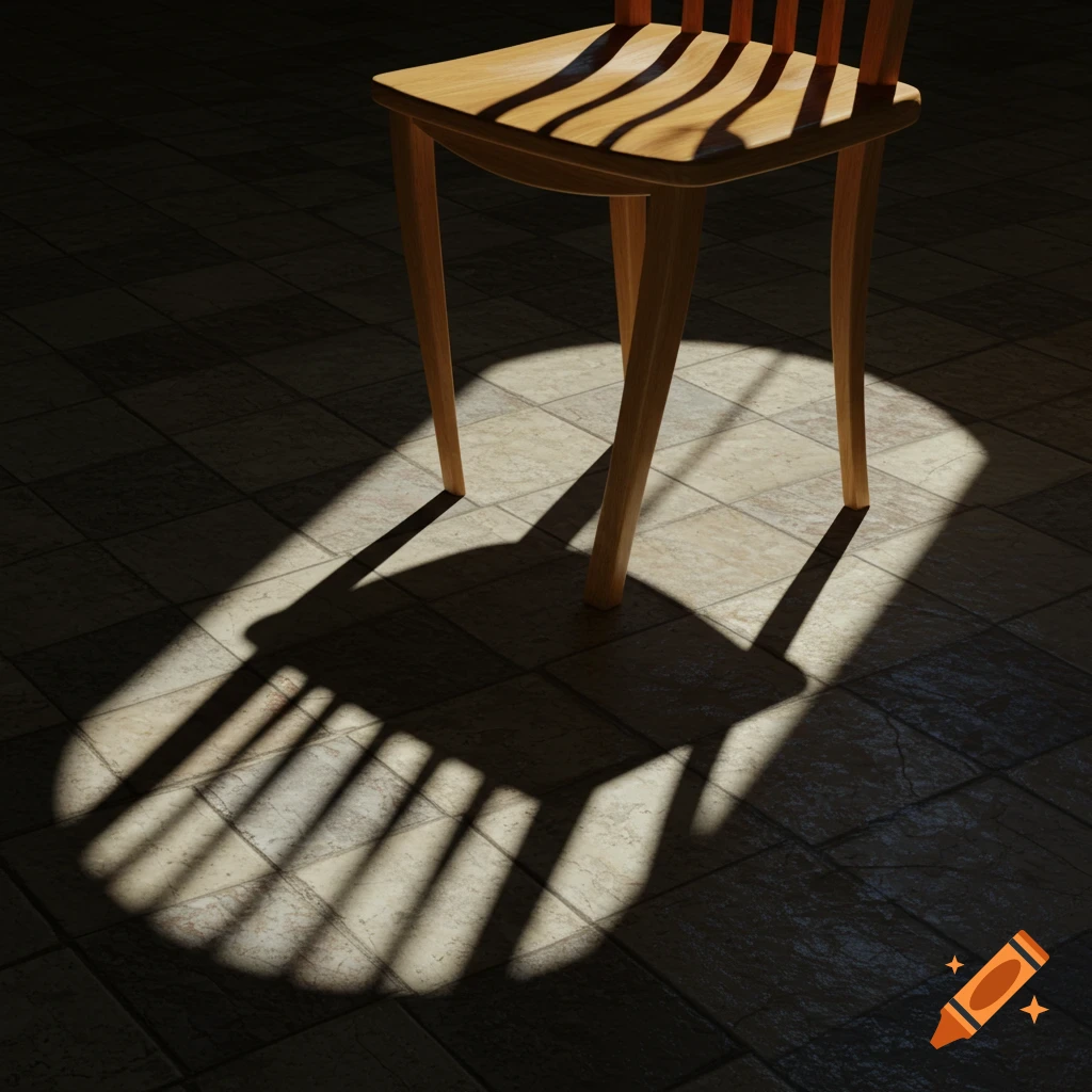 A wooden chair casting long, dramatic shadows on a tiled floor, illuminated by a spotlight.