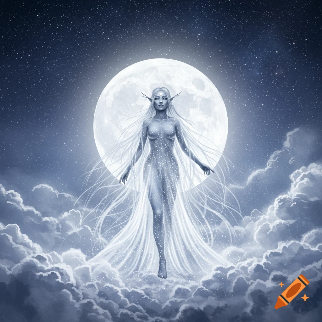 An ethereal moon goddess with long white hair, standing on glowing clouds against a starry night sky with a large full moon.