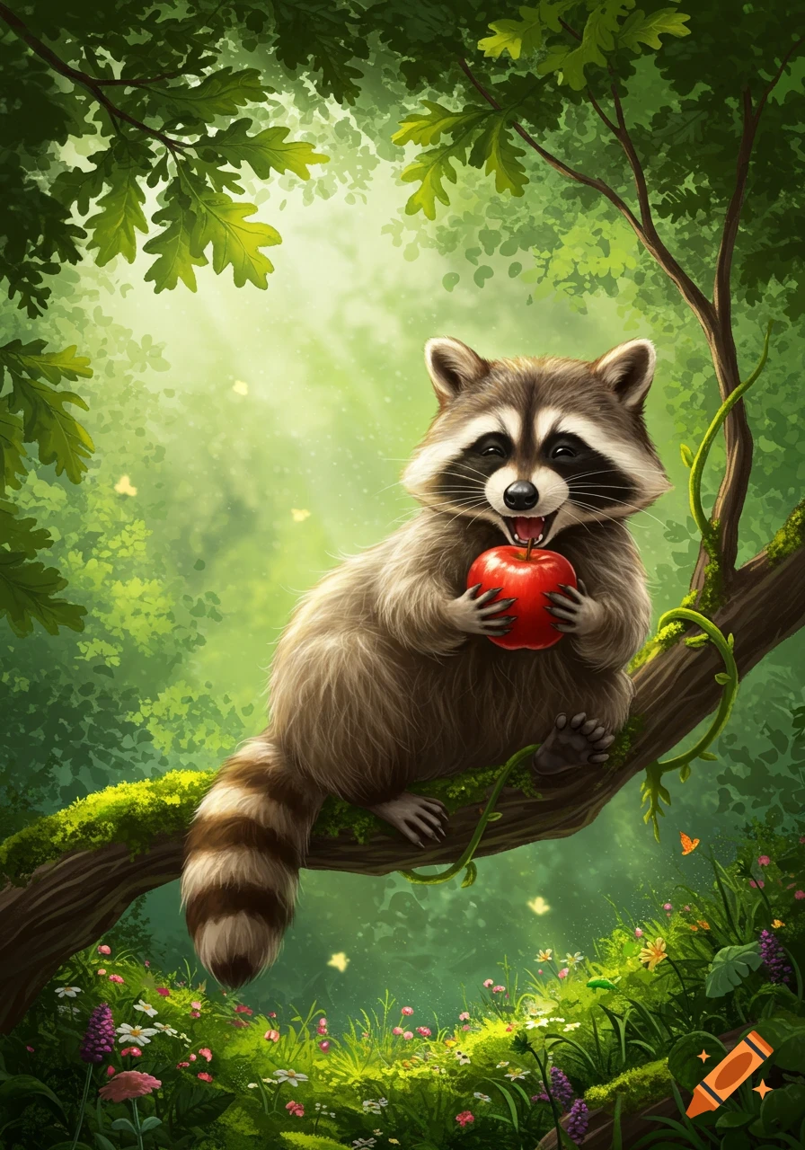 A cute, fluffy raccoon sits on a mossy branch in a vibrant green forest, holding and biting a bright red apple with its mouth open. Stylized illustration.