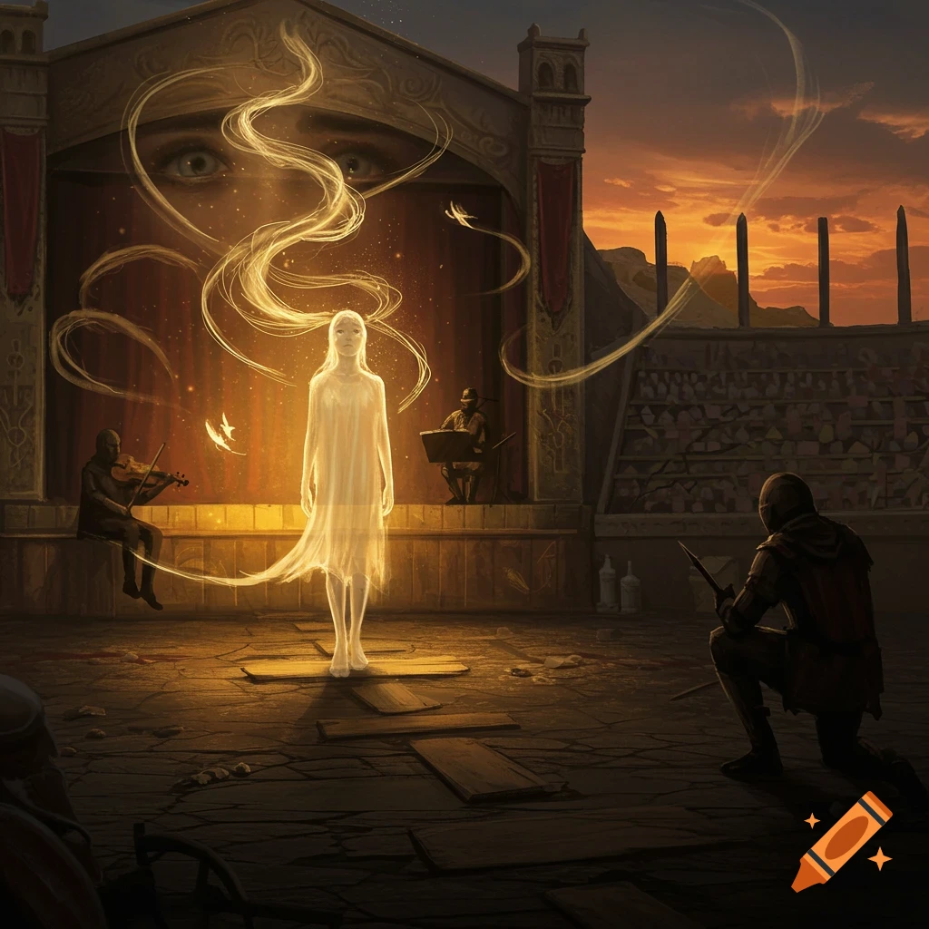 A glowing ethereal figure stands on a stage in an ancient arena at sunset, with musicians and a kneeling warrior.