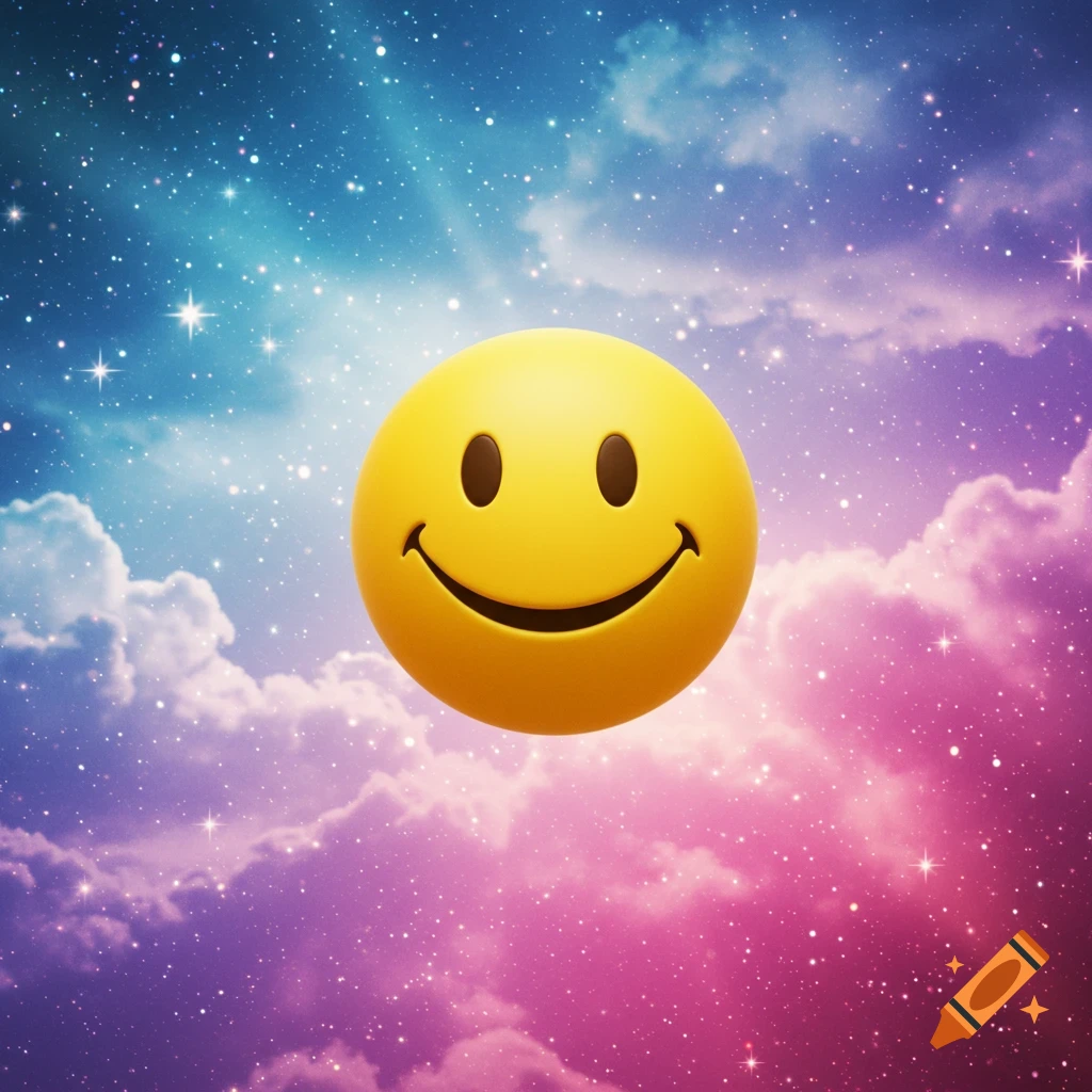 A bright yellow 3D smiley face floats in a vibrant blue and pink cosmic sky with stars and clouds.