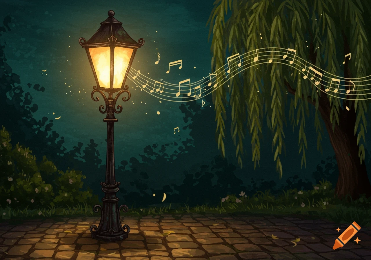 Illustrated glowing lamppost emits musical notes, next to a weeping willow tree on a cobblestone path at night.
