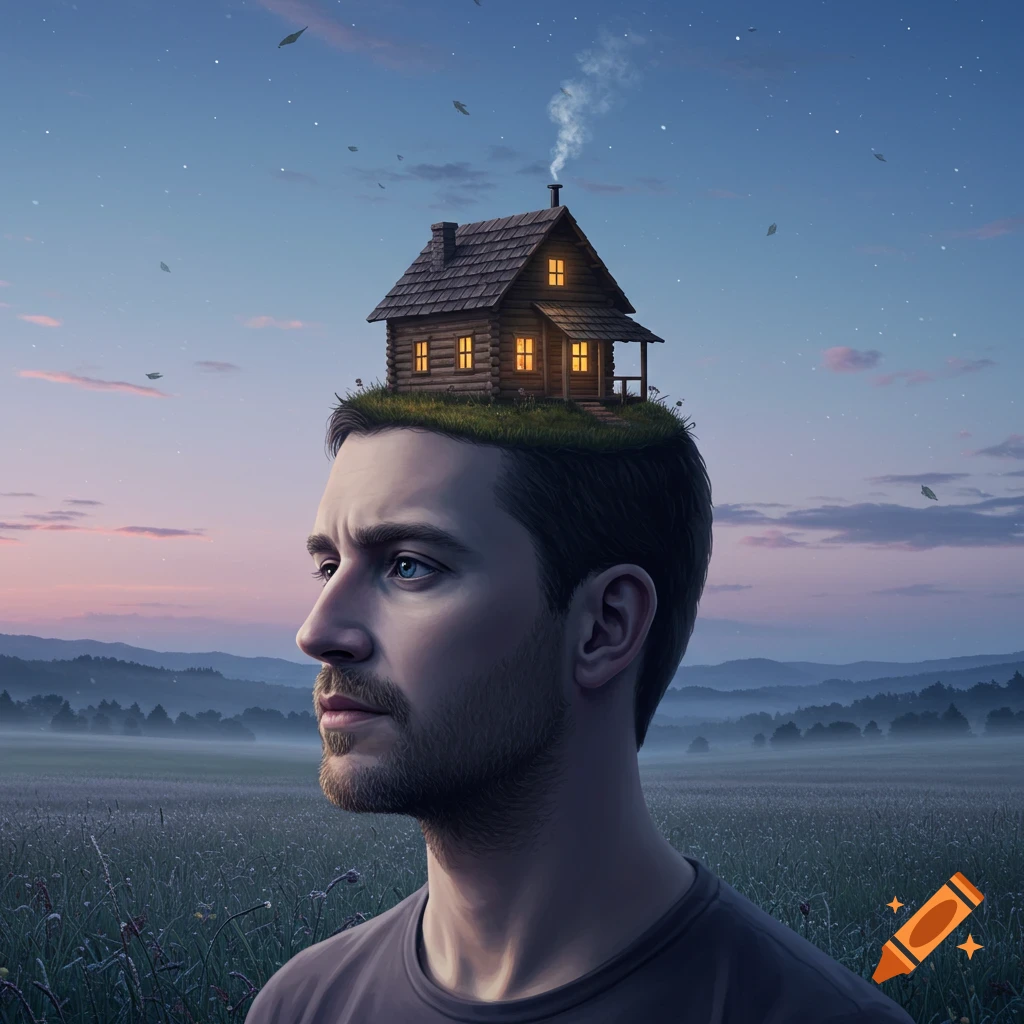 A man with a small wooden cabin on his head stands in a grassy field at dusk under a starry sky, in a surreal style.