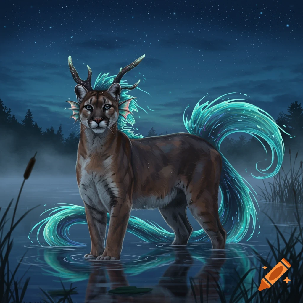 A mystical cougar-kelpie hybrid with antlers and glowing blue water mane and tail stands in a dark, misty lake under a starry night.