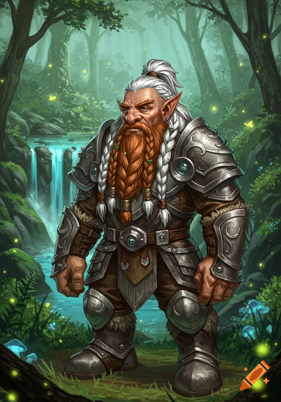 A detailed illustration of a heavily armored dwarf with a braided red beard and white hair, standing in a magical forest with glowing plants and a waterfall.