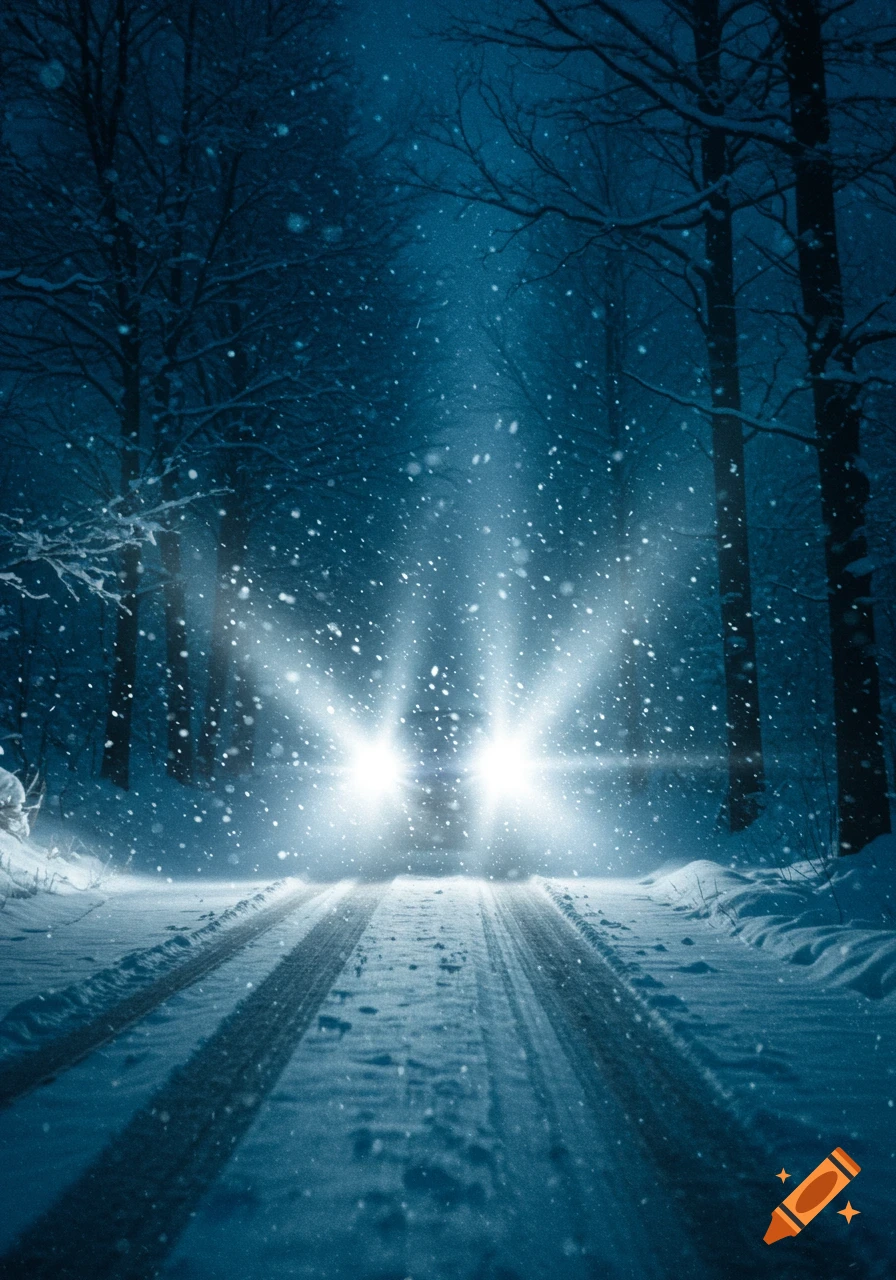 Bright car headlights illuminate a snowy forest road at night as heavy snowflakes fall, photorealistic.