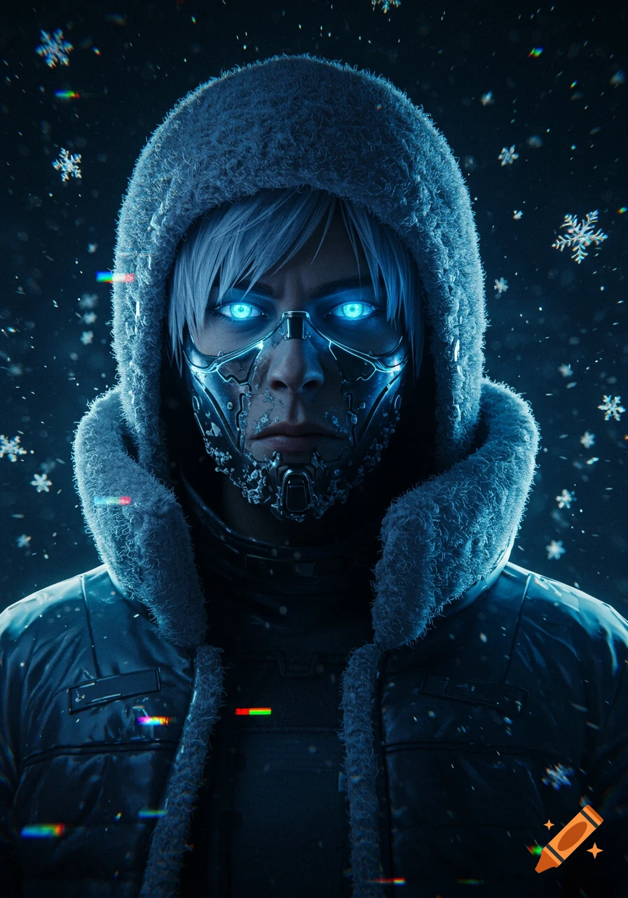 Cyberpunk character with glowing blue eyes, white hair, and frosted mask in a winter coat, amidst snow and digital glitches, anime style.