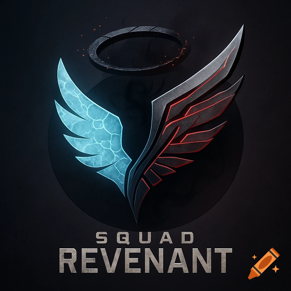 A sleek emblem featuring a stylized wing split into icy blue and metallic red halves, under a broken halo. Text reads 'Squad Revenant' below.
