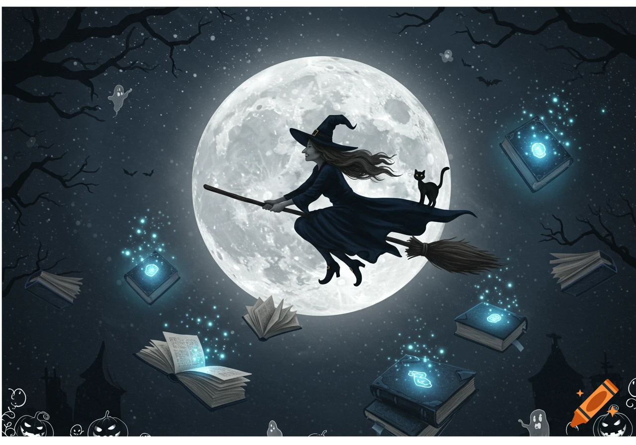 Magical illustration of a witch flying on a broom with a black cat against a full moon, surrounded by glowing spellbooks.