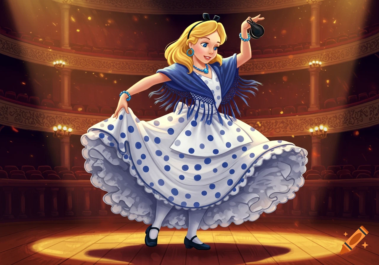 Cartoon Alice from Wonderland in a white polka dot dress and blue shawl, flamenco dancing on a stage under a spotlight, holding castanets.