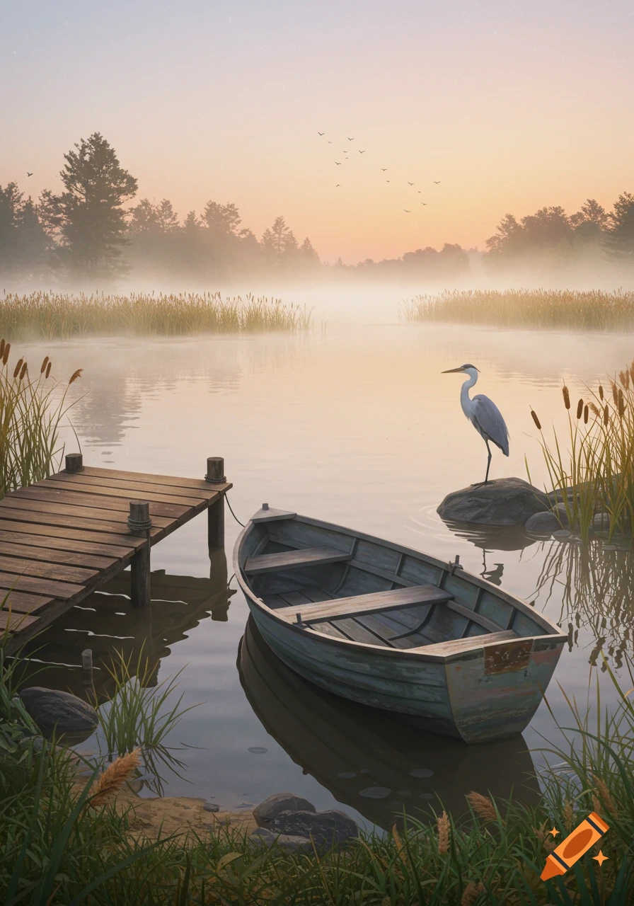 A serene, misty lake at sunrise with a rowboat by a wooden dock, a heron on a rock, cattails, and distant trees.