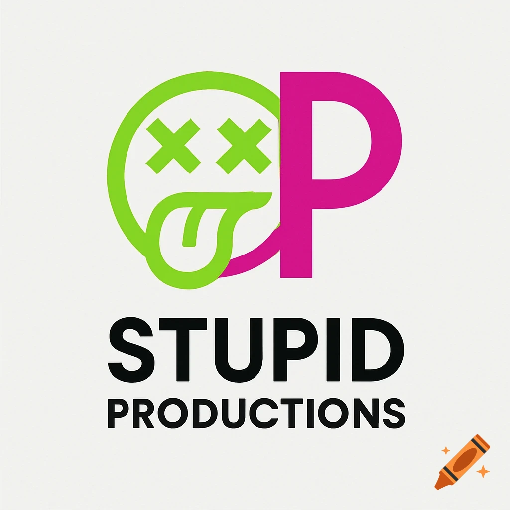 A vibrant green and pink logo featuring a stylized face with X-eyes and a tongue, merged with a pink 'P', above 'STUPID PRODUCTIONS'.