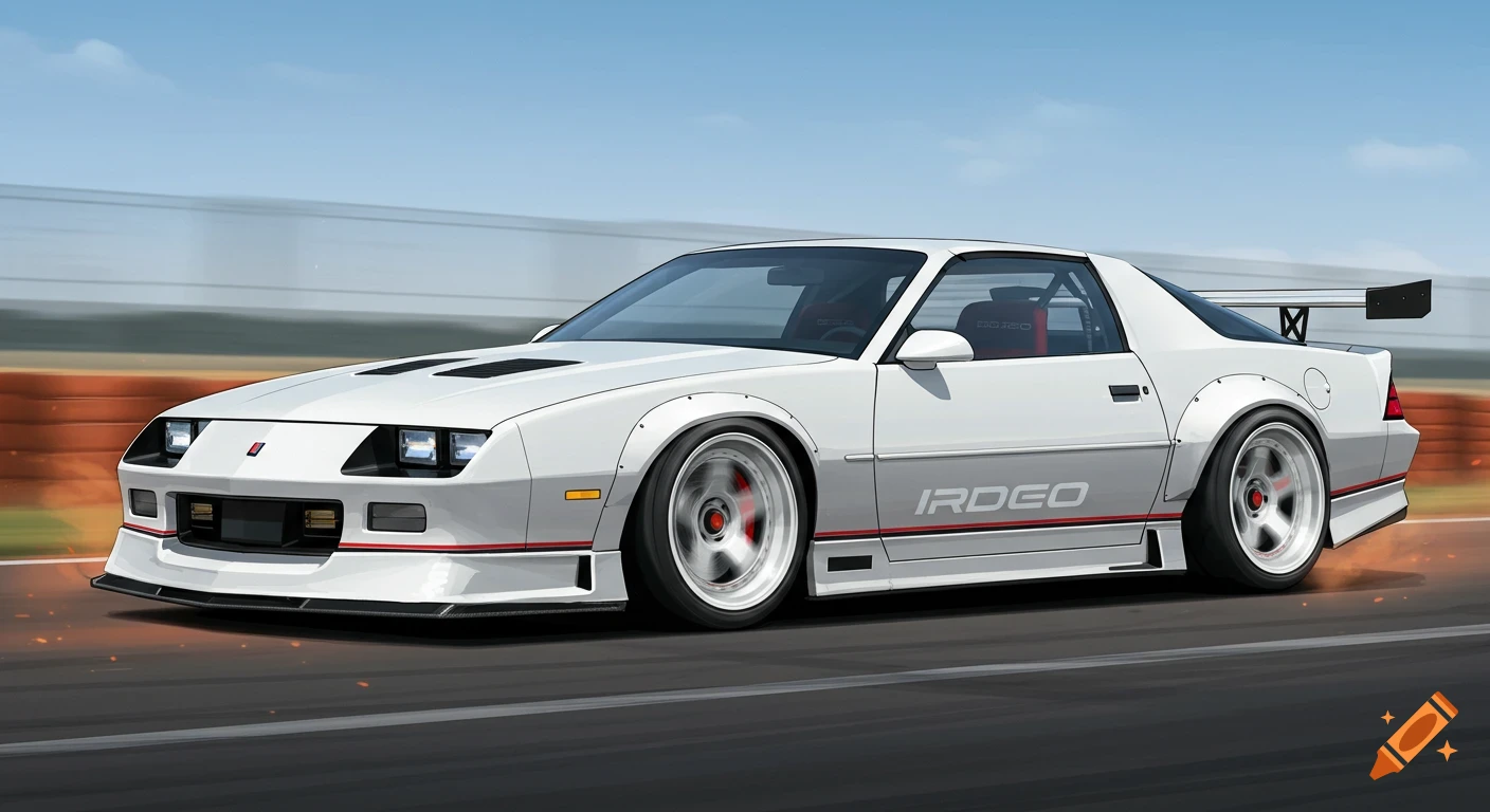 White 1987 Camaro IROC-Z widebody race car with a large spoiler speeding on a track, illustration.