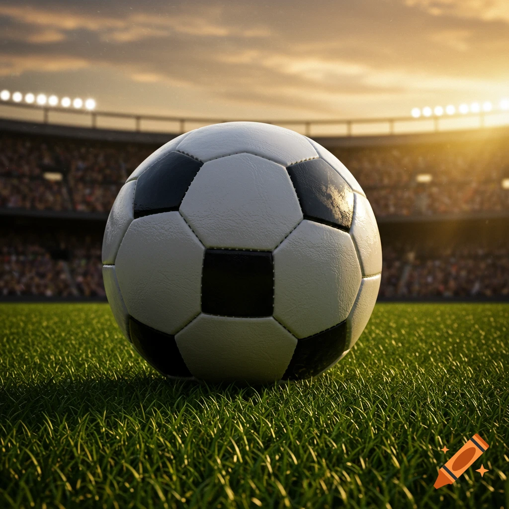 A close-up of a soccer ball on a green grass field in a stadium with sunset light.