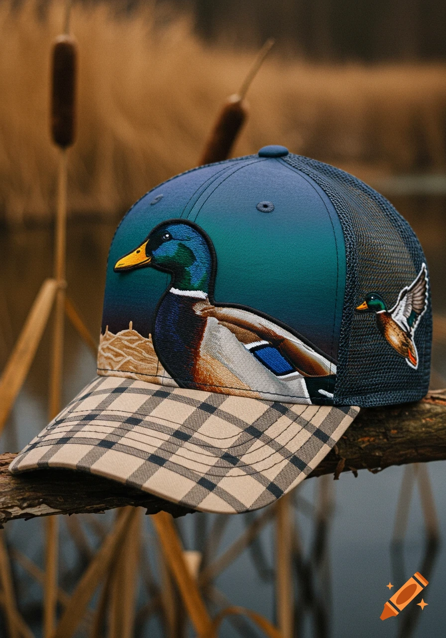A close-up shot of a trucker hat featuring a detailed embroidered mallard duck and a plaid brim, resting on a log with a blurred reedy background.