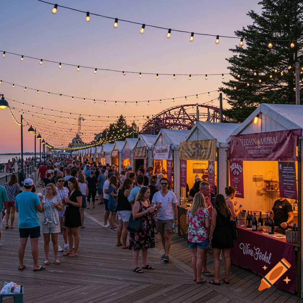 A crowded wine festival on a boardwalk at sunset, with string lights overhead and numerous stalls selling wine. People mill around, holding drinks, with a roller coaster in the background.