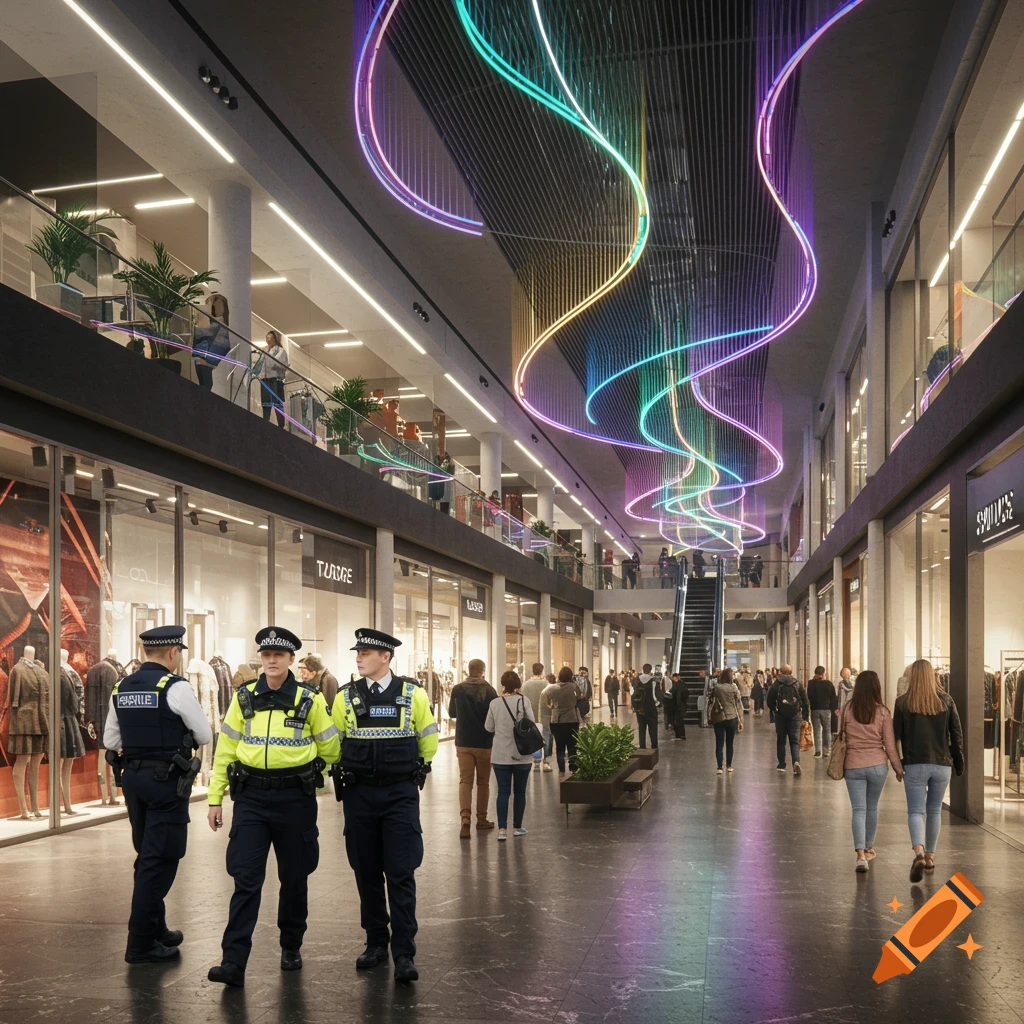 Photorealistic image of three police officers walking through a modern shopping mall with colorful, wavy neon lights on the ceiling.