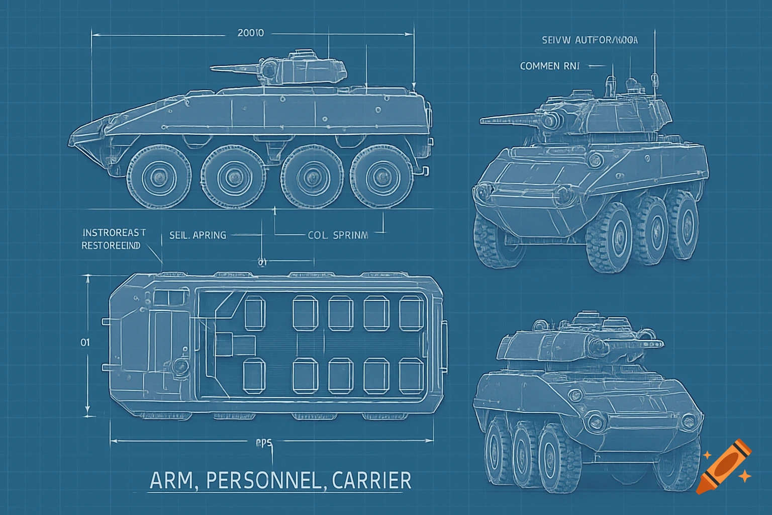 Blueprint of a six-wheeled armored personnel carrier (APC) from multiple angles on a blue grid.