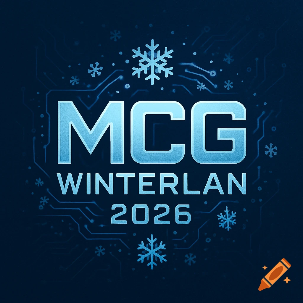Blue logo for MCG WinterLAN 2026 with metallic text, snowflakes, and a circuit board background.