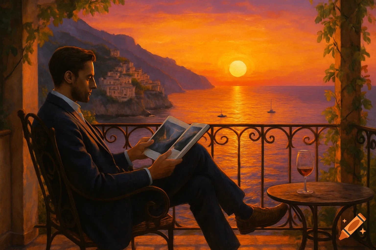 Painting of a man reading on a balcony at sunset overlooking the Amalfi Coast, with sailboats and a glass of wine.