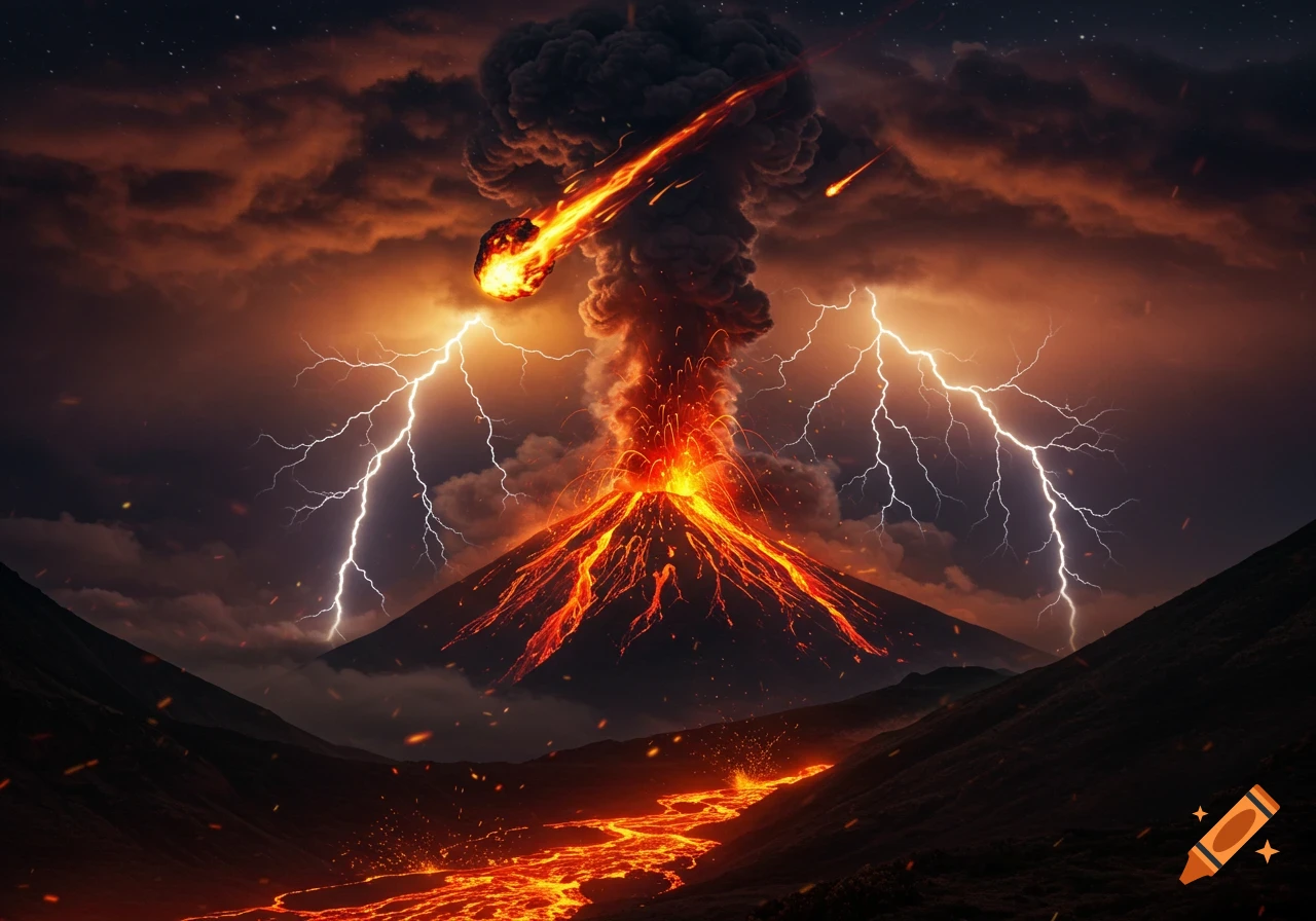 A dramatic volcanic eruption under a stormy, star-filled night sky, with lava flowing, lightning striking, and fiery meteorites falling.