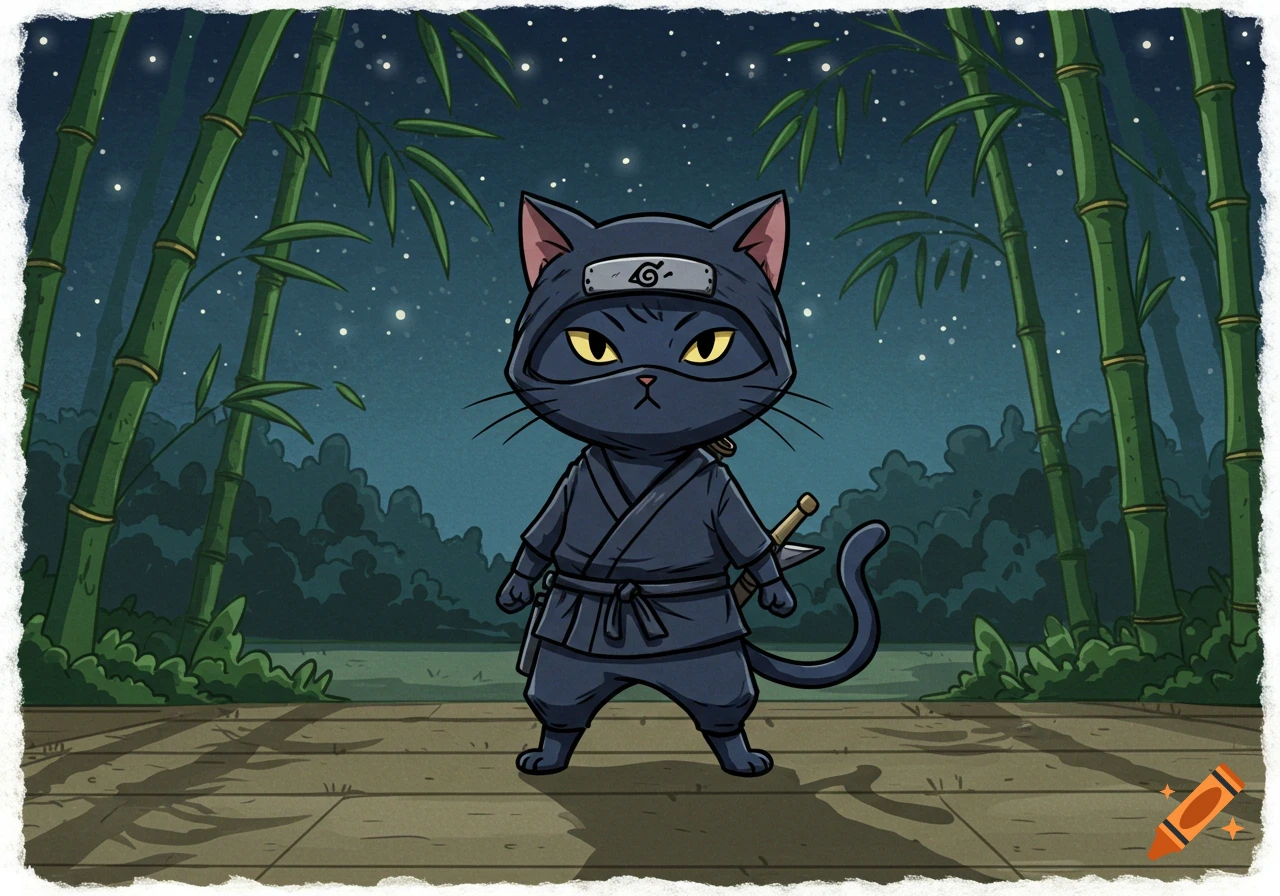 A cartoon black cat dressed as a ninja with a sword and a headband stands on a wooden platform surrounded by bamboo under a starry night.