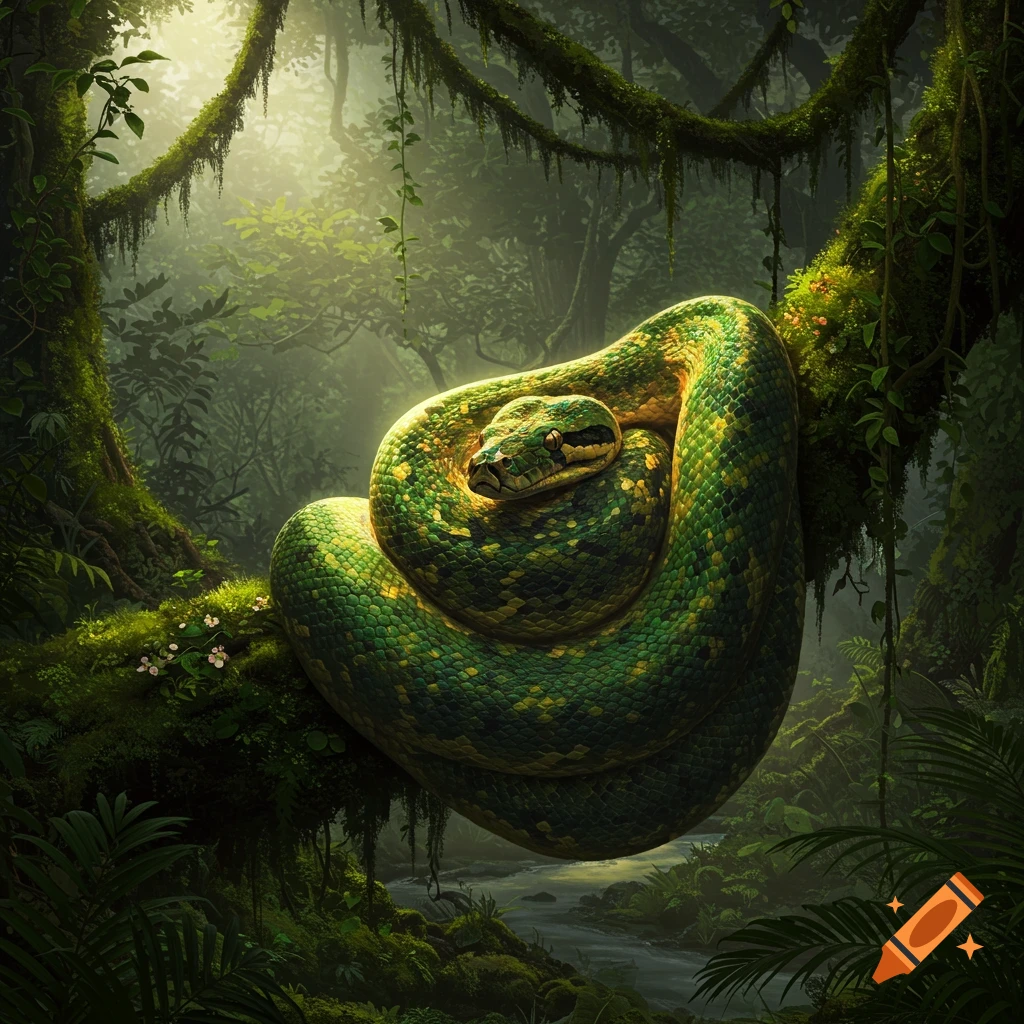 A large green python coiled on a mossy branch in a sunlit, dense rainforest with a river in the background.